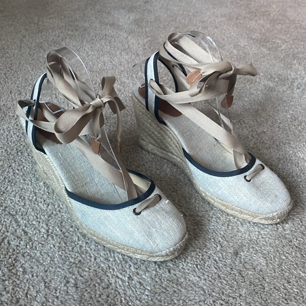 J Crew Espadrille Wedge with Ankle Ties Light Beige